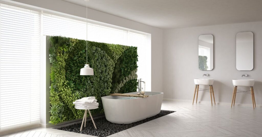 Zielona ściana z dodatkiem mchu w łazience