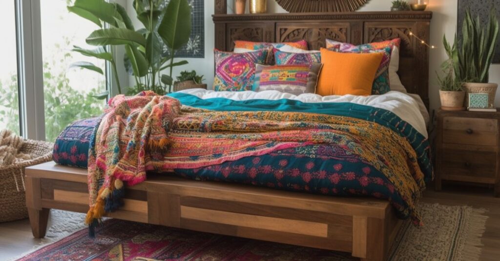 Łóżko boho z kolorowymi kocami i poduszkami